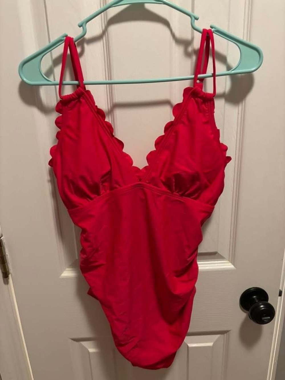 Scalloped V-Neck Maternity Red One-Piece Swimsuit